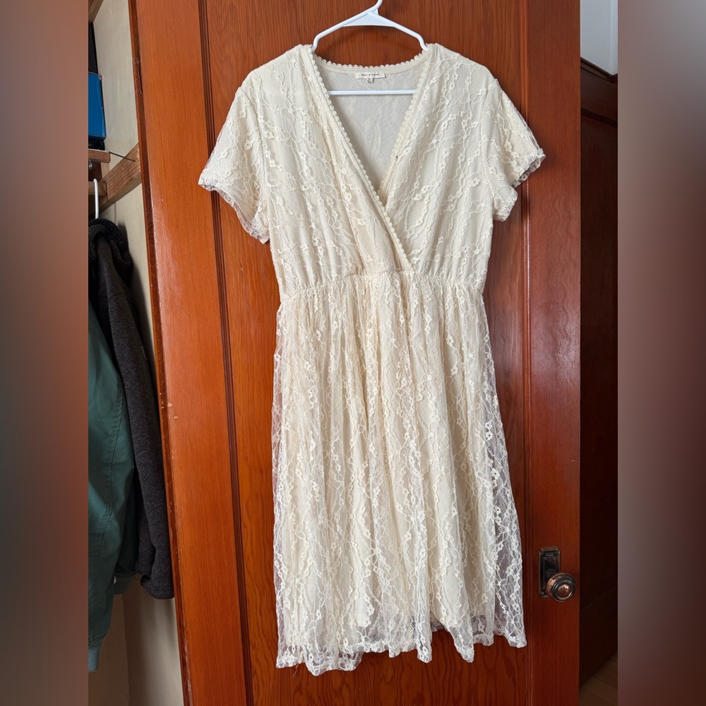Taryn Rose Cream Flutter Sleeve Wrap Midi Dress